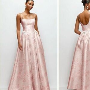 Dessy Collection Pink Floral Scoop Neck Drop Waist Dress